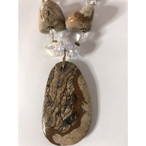 Bohemian Glass Beaded Necklace Agate Champagne Beige Stone Earthy Statement 20"" - Picture 8 of 10